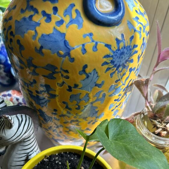 Vintage Artistic Yellow and Blue Asian Floral Vase 19" tall - Picture 6 of 12